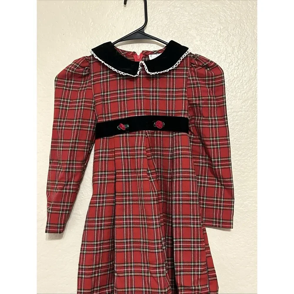 Vintage Rare Editions Dress Red Plaid Black Velvet Buttons Collar Holiday Sz 6